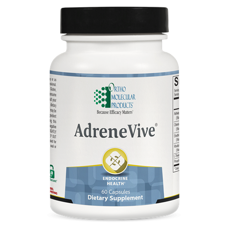 Supplement bottle labeled 'AdreneVive' by Ortho Molecular Products on a white background