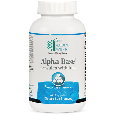 Supplement bottle labeled 'Alpha Base' with Ortho Molecular Products on a white background