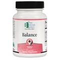 Supplement bottle labeled 'Balance' for women's health by Ortho Molecular Products on a white background.