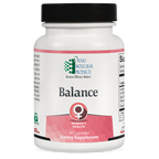 Supplement bottle labeled 'Balance' for women's health by Ortho Molecular Products on a white background.