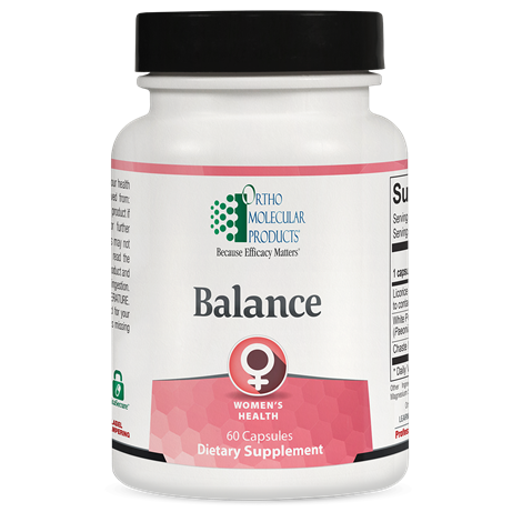 Supplement bottle labeled 'Balance' for women's health by Ortho Molecular Products on a white background.