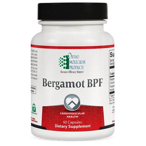 Supplement bottle labeled 'Bergamot BPF' by Ortho Molecular Products on a white background